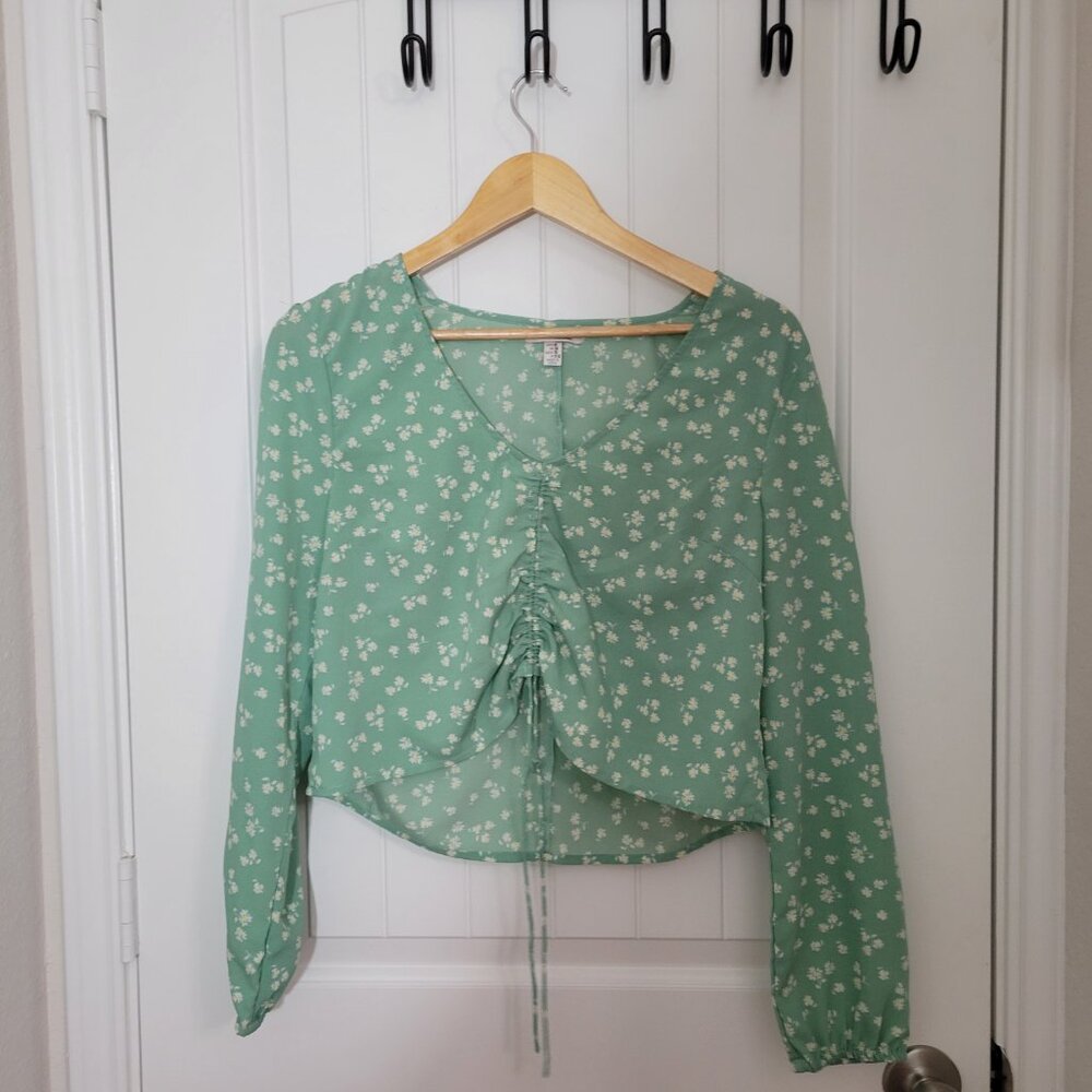 AMUSE SOCIETY Top Blouse Womens Medium Green Crop Floral Long Sleeve